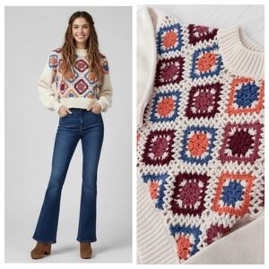 Debut Granny Square Sweater Crochet Knit SMALL Cropped‎ Ivory Cottage Core